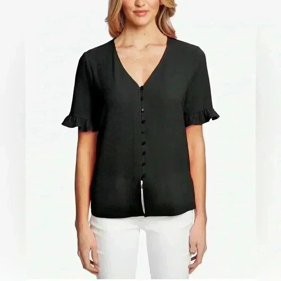 CeCe Tops - CeCe Sportswear Women's 3/4 Sleeve Ruffled Button Blouse - black size small